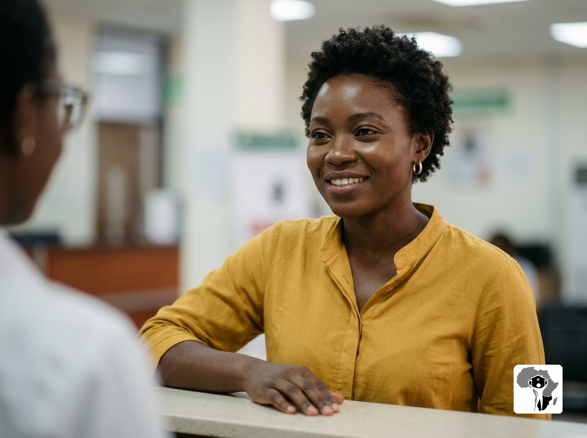 A young Nigerian female property professional in a mustard blouse standing at the AGIS counter in Abuja, mid-conversation with a warm professional smile, natural light from above