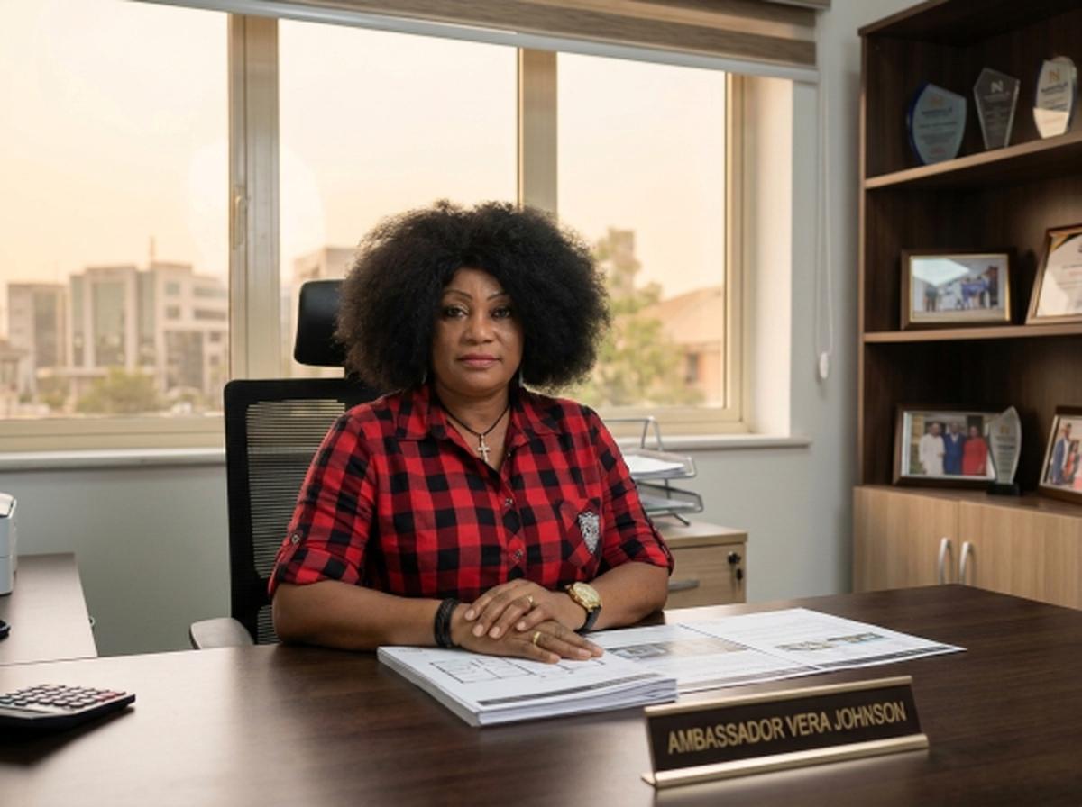 Amb. Vera Johnson, founder of Nashville Properties, seated at her desk in Abuja, reviewing a file with a calm focused expression, warm afternoon light through the window