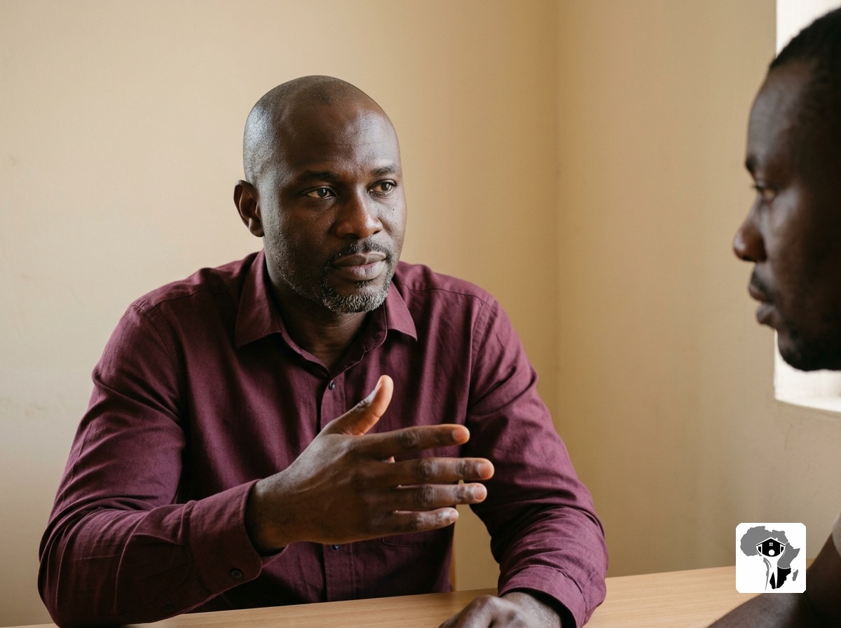Two Nigerian men in a modest office, one in a burgundy shirt leaning forward with an open palm gesture, the other listening attentively, a moment of plain honest explanation