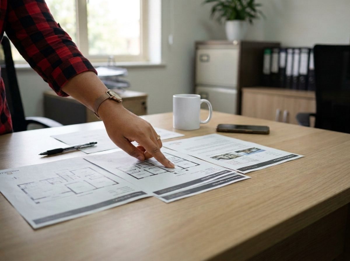 A professional hand wearing a watch pointing at a detailed architectural floor plan on a wooden desk in a well-lit office, reviewing property layout options
