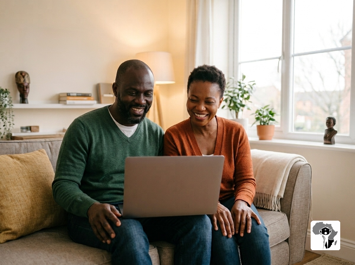 A middle-aged Nigerian couple in their living room abroad, holding up printed photos of a completed house in Abuja, laughing together with joyful relief