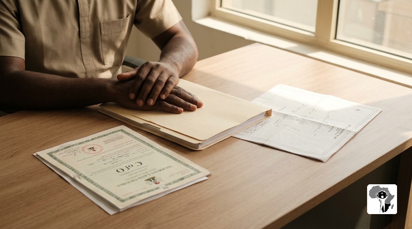 A Nigerian buyer's hands resting on a clean manila folder containing a C of O document and survey plan on a wooden desk in an Abuja office, warm natural light from a window, expressing trust and verification