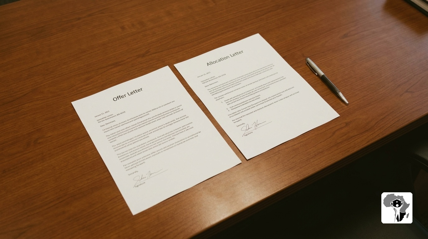 A close-up of a signed offer letter and allocation document laid out on a wooden desk, with a pen beside it, representing a successful property deposit and flexible installment plan