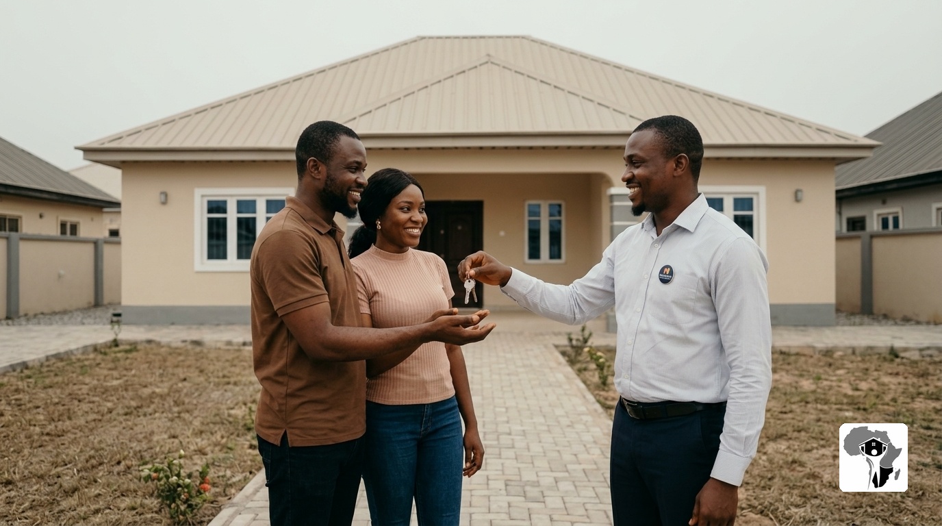 A Nigerian couple receiving a set of house keys from a Nashville Properties agent at the front gate of a finished, painted 3-bedroom bungalow in Abuja, all three smiling warmly under an overcast harmattan afternoon