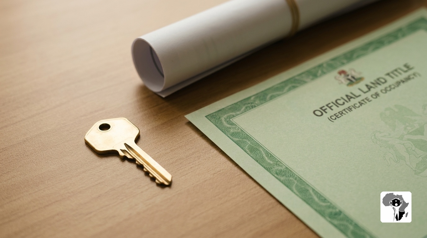 A simple neat office desk with a shiny house key, a rolled-up survey plan, and a green land title certificate, representing the full circle of a real estate transaction