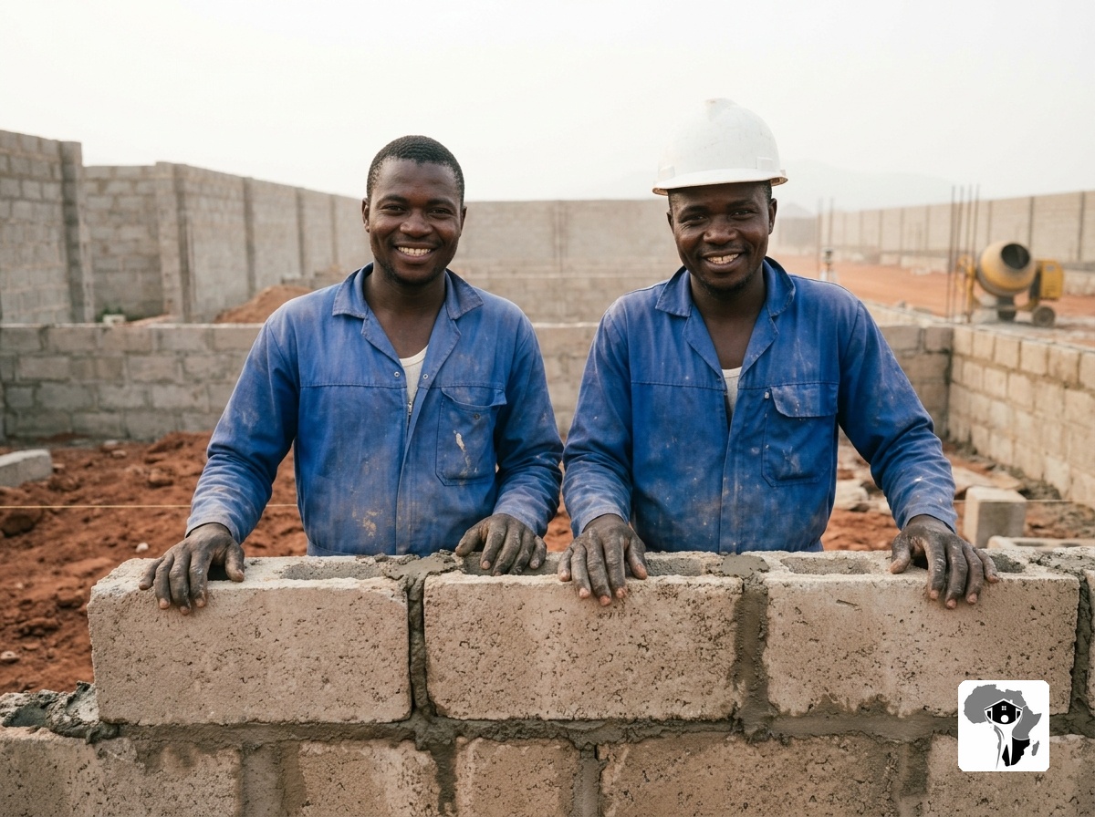 Masons laying sandcrete blocks on a construction site in Abuja