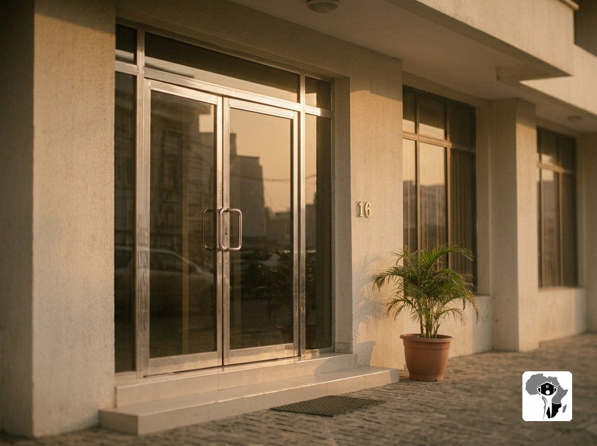 The exterior of Owena House on Ralph Shodeinde Street in the Central Business District of Abuja, a multi-storey professional building under harmattan morning light