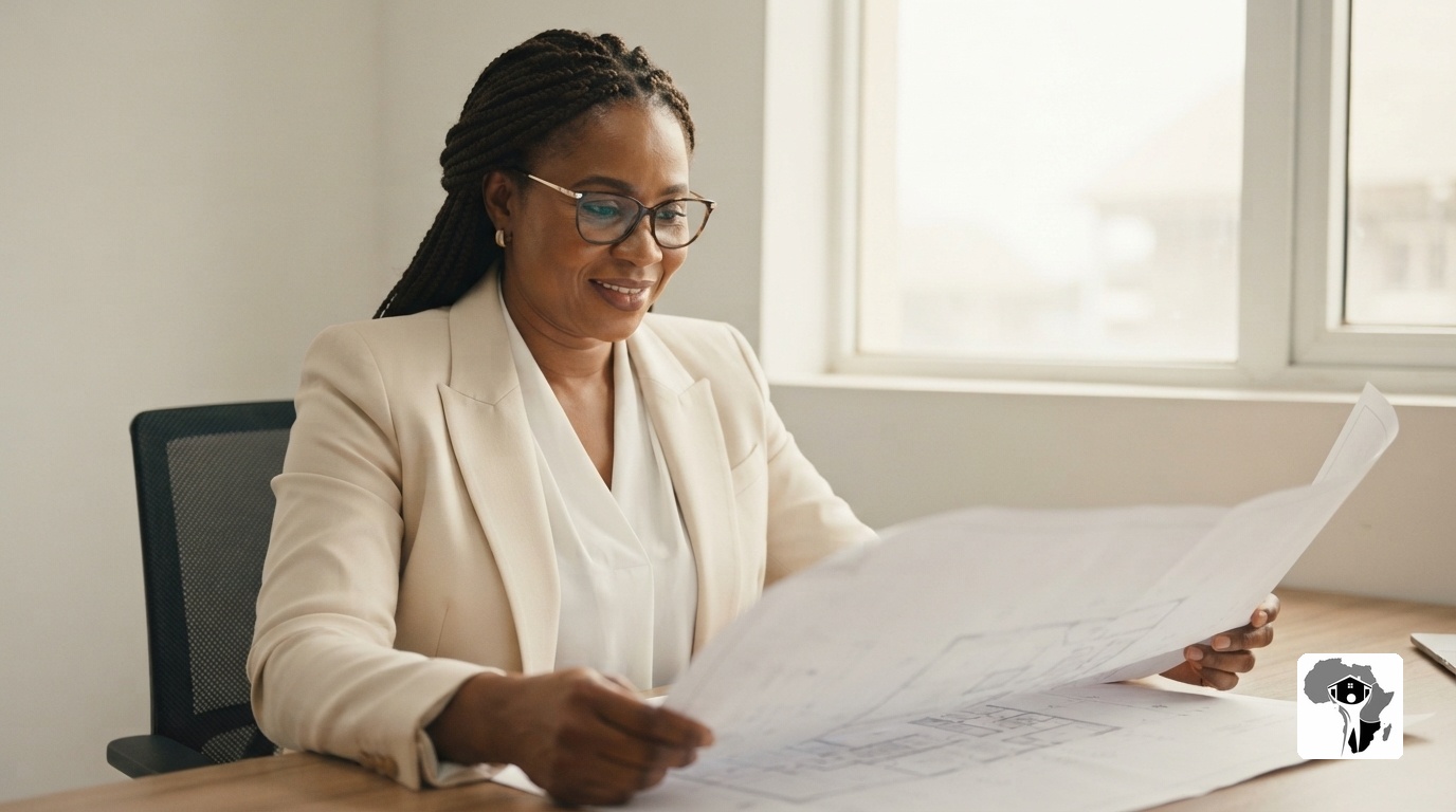 A mature Nigerian female architect with natural braided hair and glasses, wearing a tailored cream blazer, seated at a wooden desk in an Abuja office reviewing a development blueprint, warm focused expression, natural light
