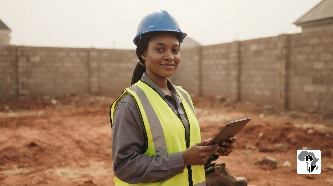 A young Nigerian female surveyor with natural braids tied back, wearing a blue hardhat, bright yellow reflective vest, and heavy-duty work boots, standing on a red-earth plot in Abuja, holding a digital tablet with a quiet confident smile, hazy afternoon light