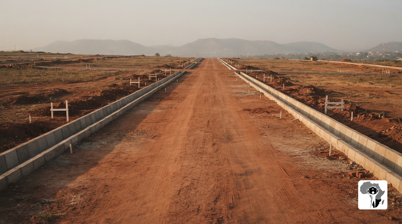 A wide shot of a newly constructed red-earth access road with concrete drainage channels on a development site in Abuja, small white survey pegs marking boundaries, morning harmattan light casting long shadows