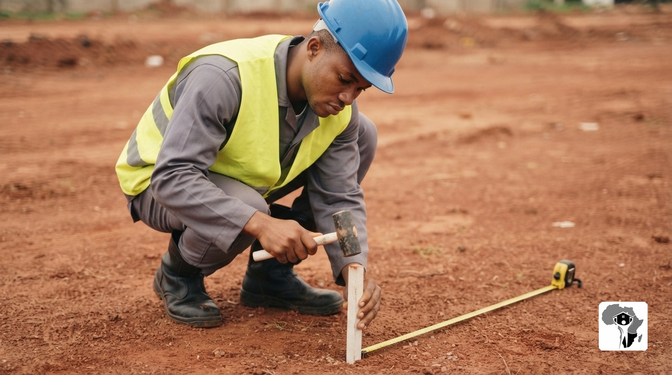 A young Nigerian male engineer with a clean-shaven face, wearing a blue hardhat, bright yellow high-visibility vest, and work boots, kneeling on red earth to place a white survey peg with a mallet, focused expression, morning light