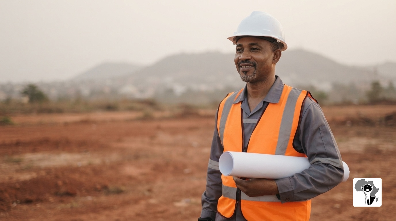 A middle-aged Nigerian land surveyor with a neatly trimmed goatee, wearing a white hardhat, bright orange reflective vest, and black work boots, standing confidently on undeveloped red earth in Abuja, holding a rolled survey plan with a warm confident smile, morning harmattan light