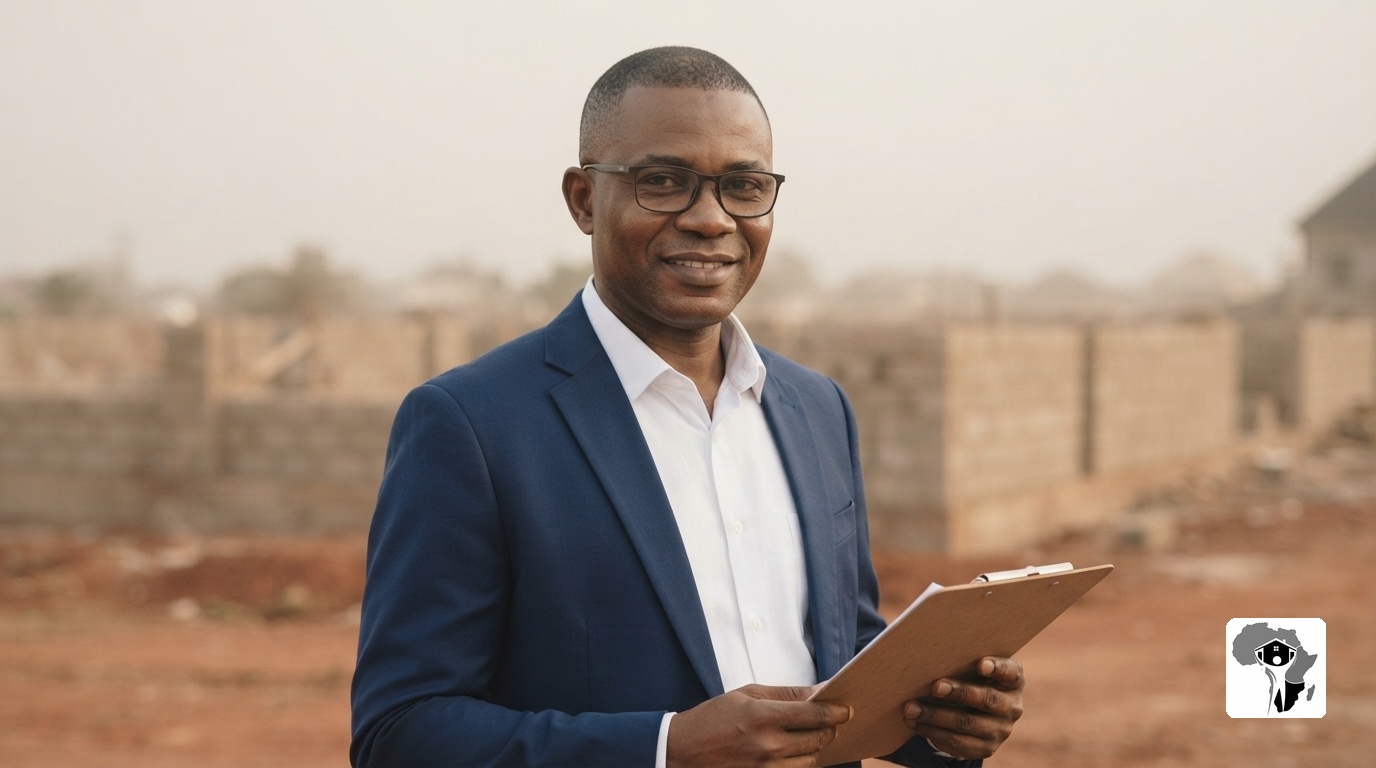 A mature Nigerian male project manager with a short haircut and reading glasses, wearing a tailored navy blazer and holding a clipboard, standing on a red-earth development site in Abuja, looking toward the camera with a warm, confident smile, afternoon harmattan light