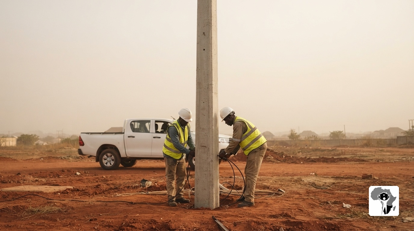 A tall concrete utility pole being installed on a red dirt development site in Abuja, two electricians in white hardhats and reflective vests working around the base under hazy harmattan afternoon light