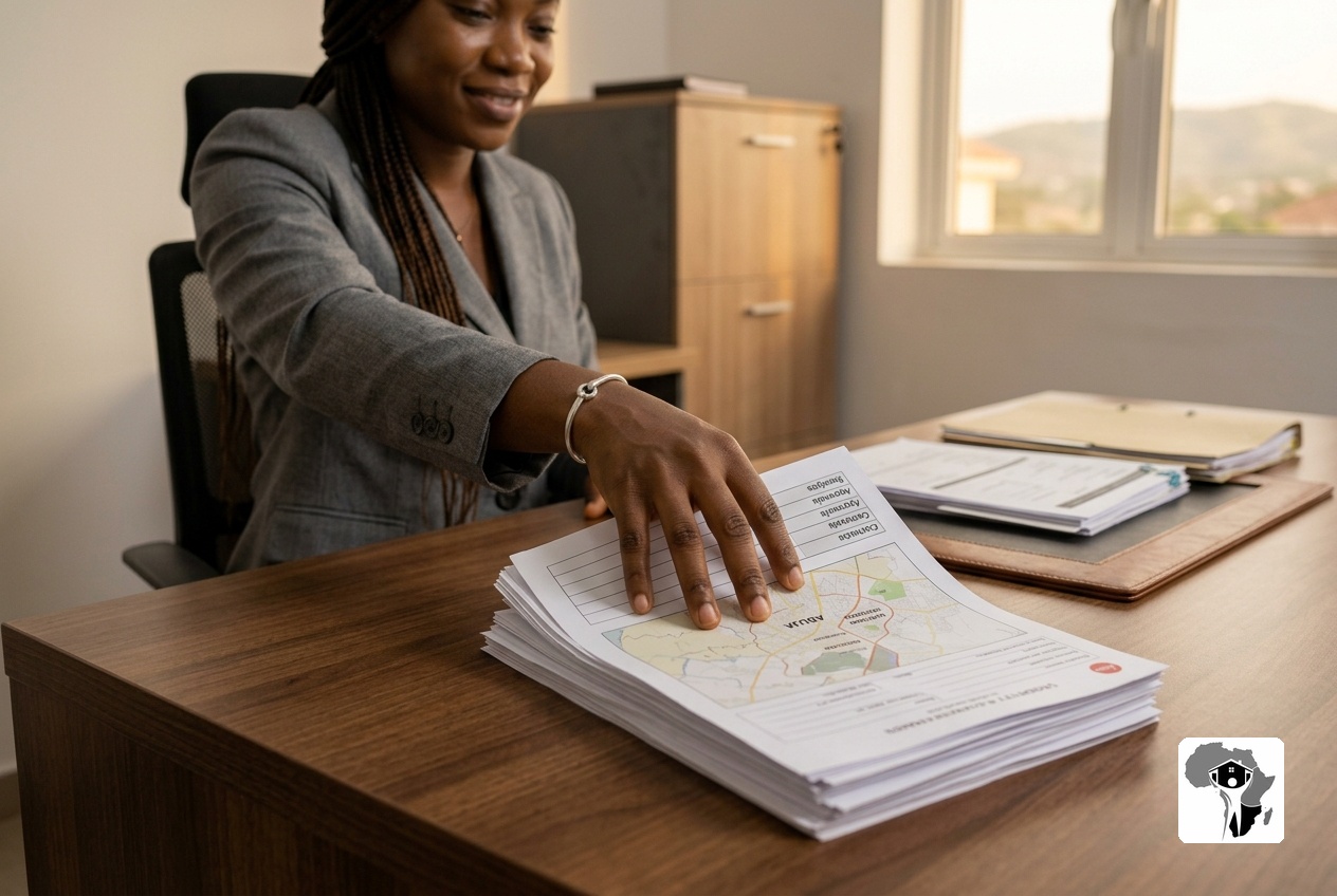 A close-up of a Nigerian female professional's hand wearing a silver bracelet, placing a neatly organized stack of papers onto a polished wooden desk in an Abuja office, warm afternoon light, orderly and professional