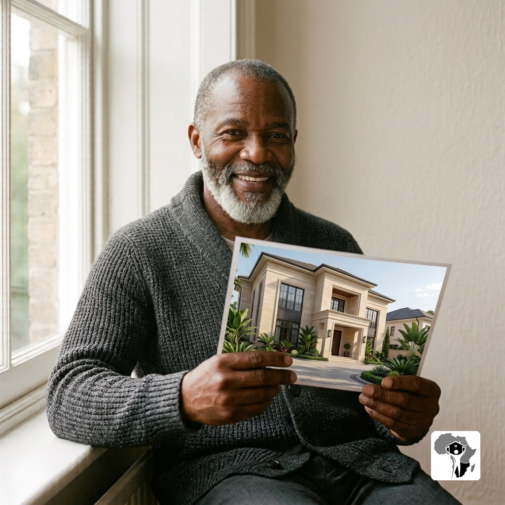 An older Nigerian man with a salt-and-pepper beard, wearing a charcoal grey cardigan, sitting by a large window in a well-furnished room, holding printed progress photos of a building under construction in Abuja, warm relieved smile, soft daylight