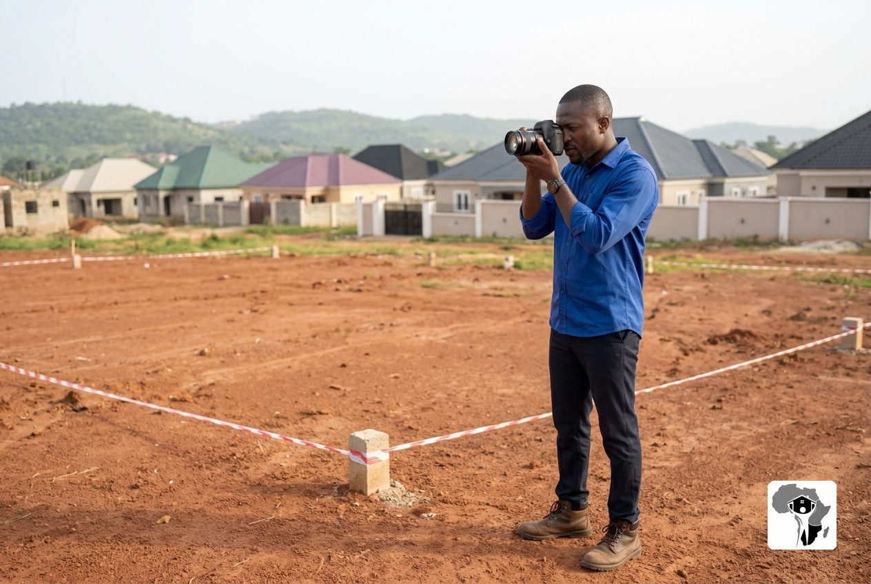 A Nigerian male property inspector with a short fade haircut, wearing a crisp blue work shirt and safety boots, standing on a red-earth plot in Abuja and taking a photograph with a professional camera, focused expression, morning light
