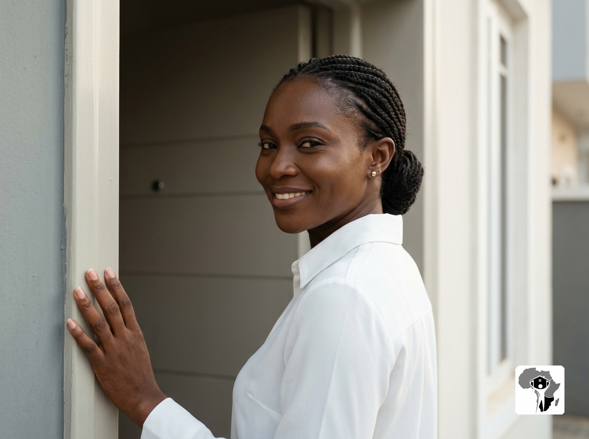 A Nigerian abroad sitting by a window in soft natural light, holding a printed photograph of a completed building in Abuja, a quiet moment of connection across distance