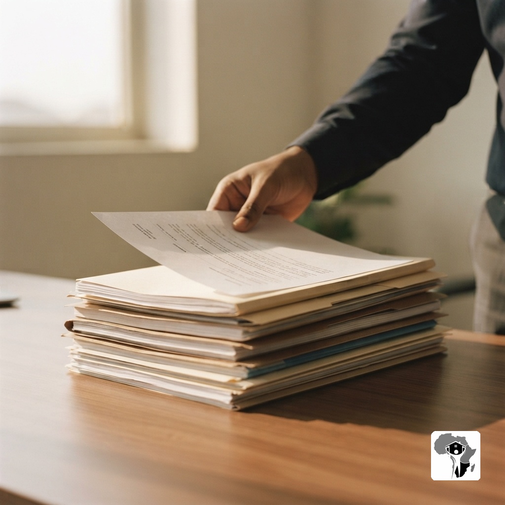 A neat stack of organized files and reports on a wooden desk in an Abuja office, warm afternoon light, orderly and professional