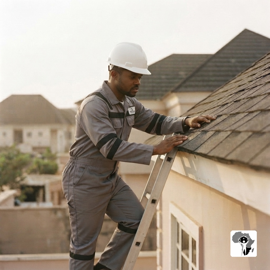 A Nigerian property manager in a tailored shirt inspecting the exterior wall of a completed building in Abuja, clipboard in hand, warm professional expression, afternoon light