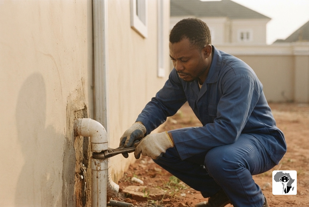 A Nigerian maintenance worker in a clean work shirt repairing a plumbing fixture in a building in Abuja, focused and careful, natural light