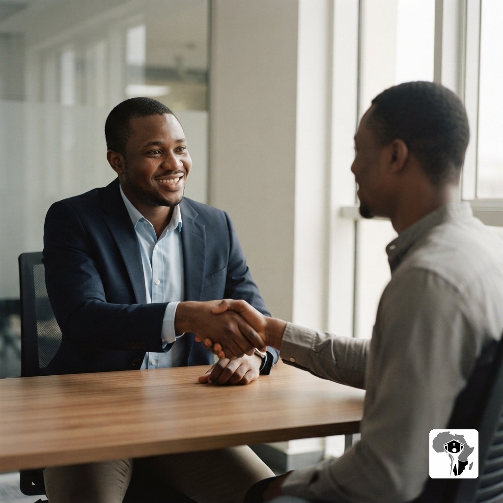 A Nigerian professional in a tailored shirt seated at a desk reviewing a lease document, warm focused expression, natural office light through a window