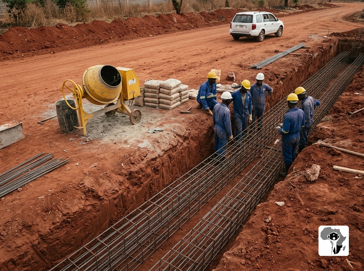 Deep foundation trench with steel reinforcement and concrete mixer on an Abuja construction site