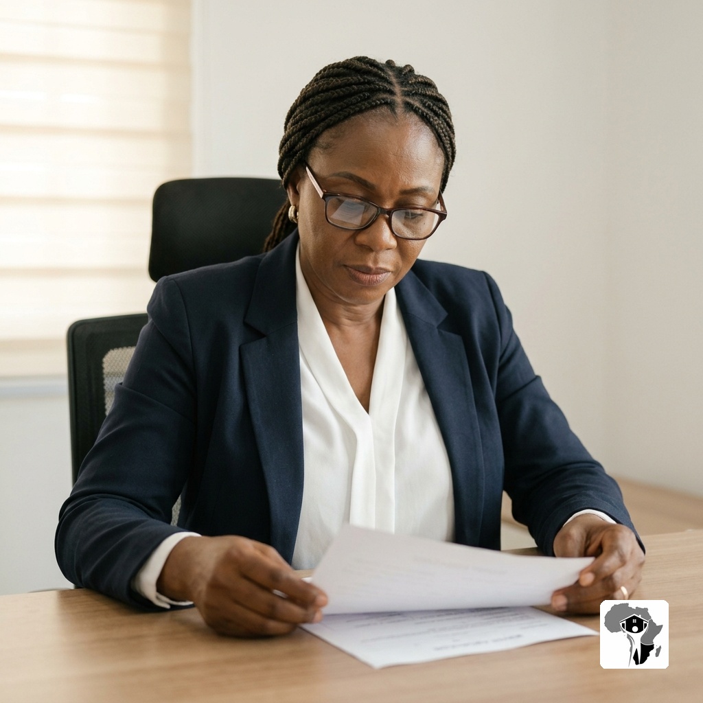 A Nigerian female administrative assistant with a neatly styled low bun, wearing a cream blouse and dark trousers, standing next to a filing cabinet in an Abuja office, pulling a file folder, warm professional smile, natural office light