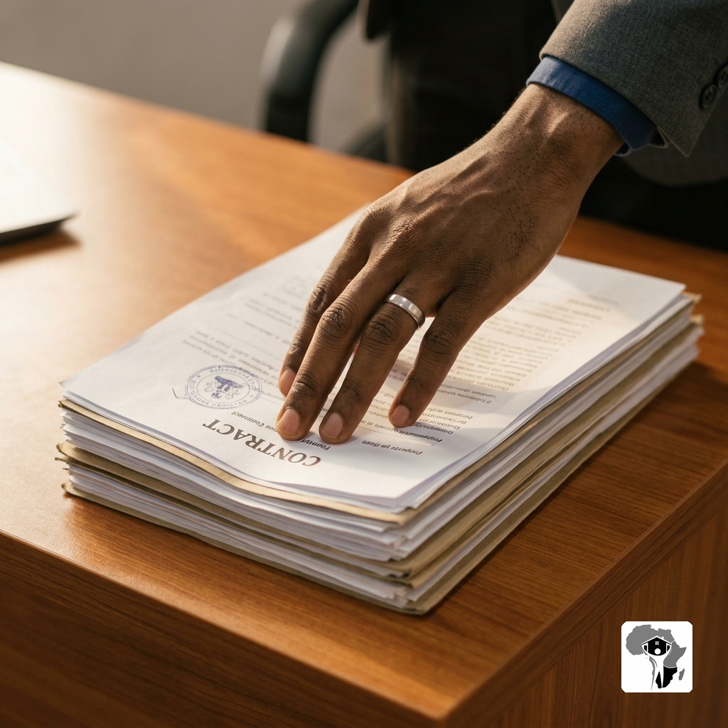 A Nigerian professional's hand placing a signed document into a folder on a wooden desk in an Abuja office, warm afternoon light, orderly and professional