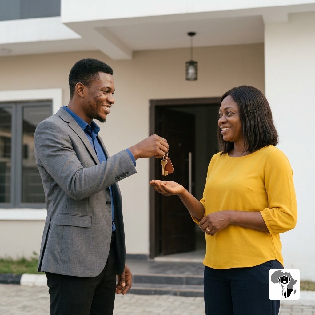 A Nigerian property professional handing over a set of keys to a new owner at the entrance of a completed house in Abuja, both smiling warmly, afternoon light
