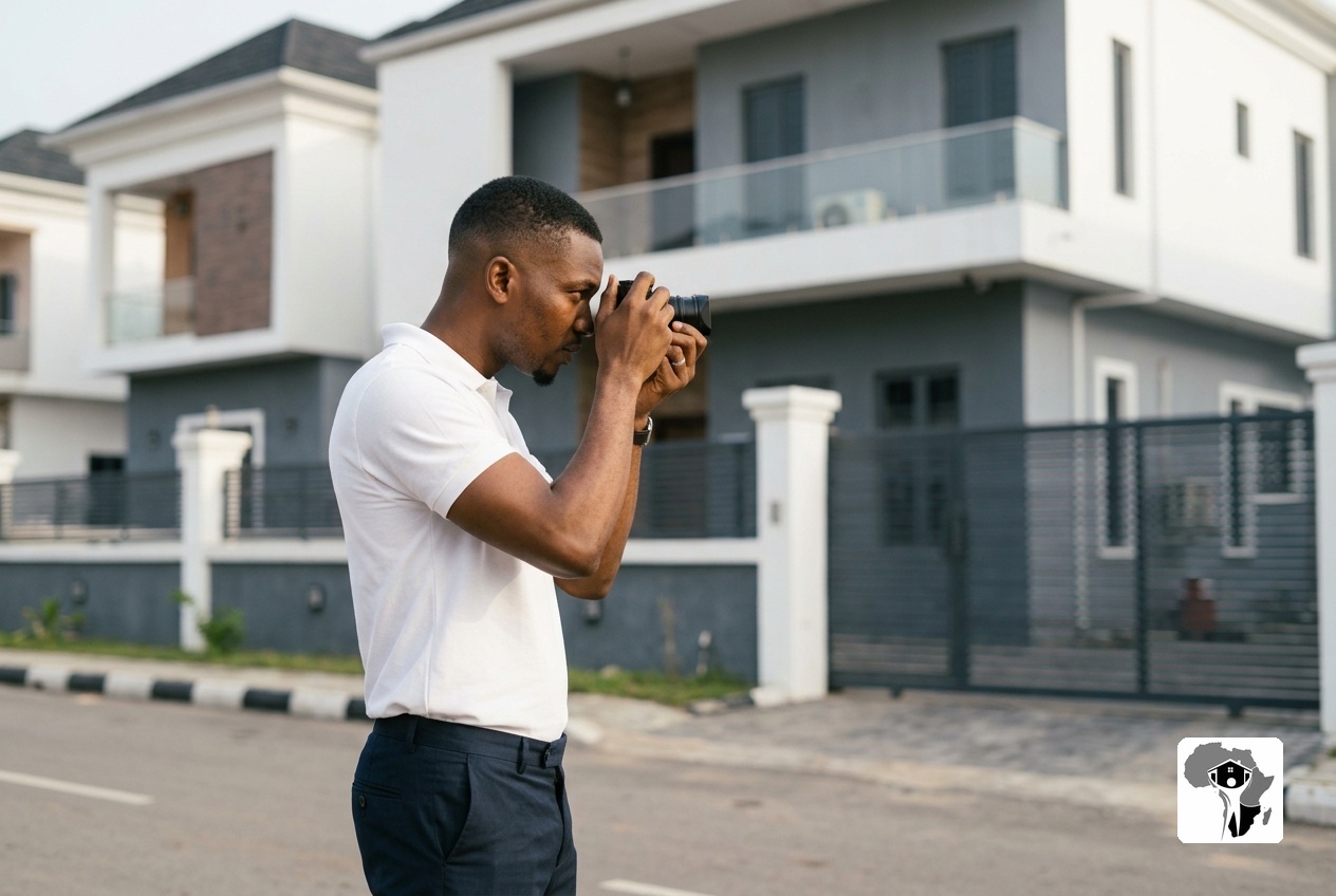 A Nigerian professional in a tailored shirt photographing the exterior of a completed residential building in Abuja, focused expression, morning light