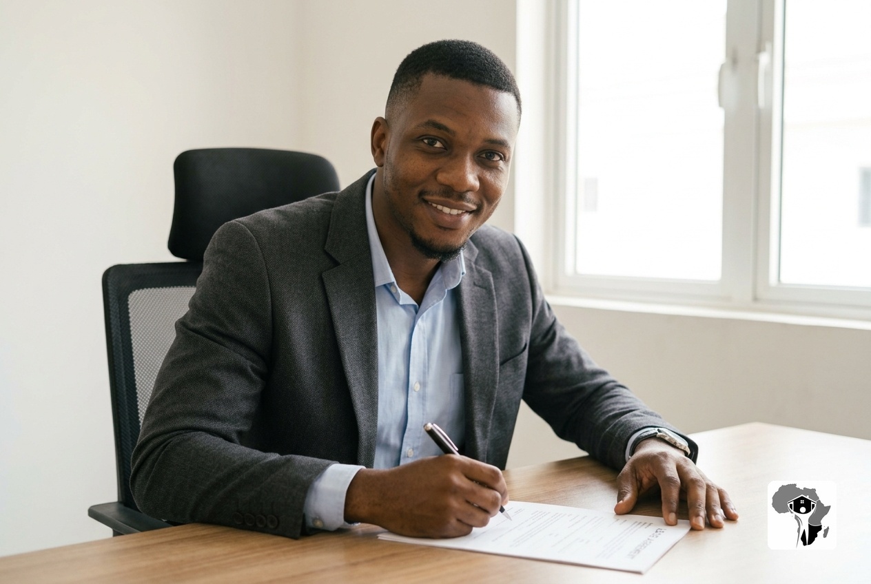 A Nigerian professional in a tailored navy shirt seated at a desk reviewing documents, warm focused expression, natural office light through a window