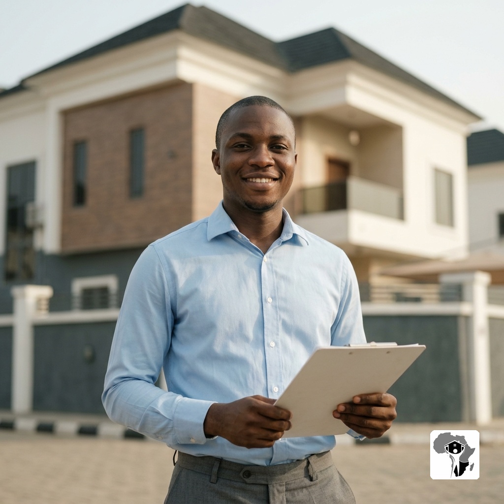 A Nigerian property professional in a tailored shirt standing in front of a completed residential building in Abuja, clipboard in hand, warm professional smile, morning light