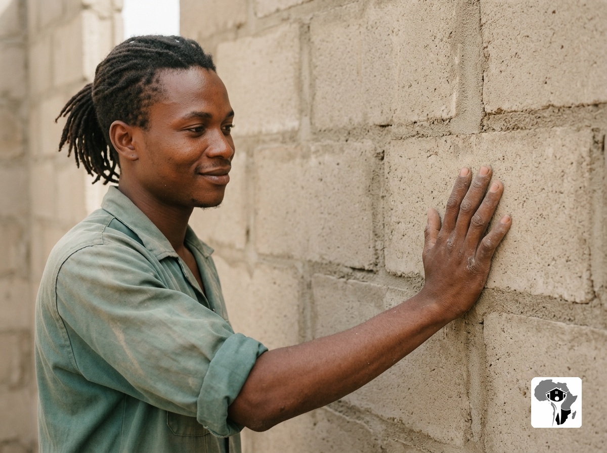 A mason in a dust-dusted work shirt running his hand slowly across a freshly cured sandcrete wall, feeling its integrity