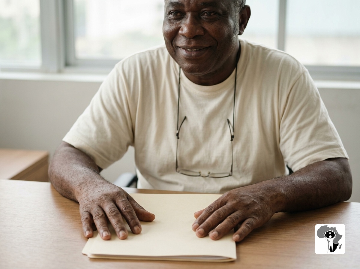 A buyer seated alone at a modest desk, hands resting on a closed file, a moment of quiet relief after document verification