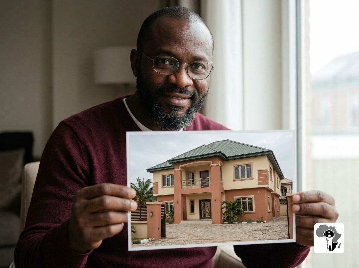 A Nigerian living abroad seated by a window, looking at printed progress photos of a building rising back home, a moment of quiet trust