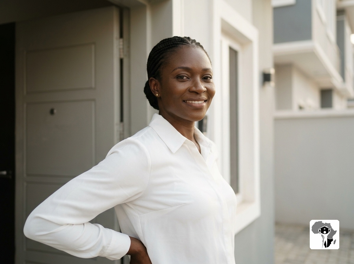 A property manager pausing at the entrance of a completed building, hand on the doorframe, looking back at the structure with quiet responsibility